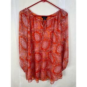 Rachel Roy Orange Paisley Floral Boho Peasant Long Sleeved Flowy Blouse Size XL